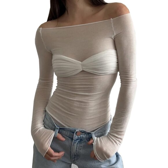 Tops - Women's Long Sleeve Crop Top Mesh Ruched Slim Fit Off Shoulder Y2K Style